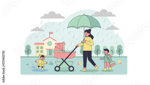 Mother walking children in the rain with an umbrella happy family lifestyle and childcare
