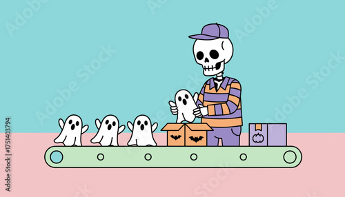 Skeleton worker packs cute ghosts into Halloween boxes on a conveyor belt representing spooky season production