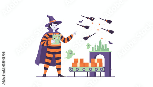 Witch managing magical Halloween logistics broomstick deliveries city map and spooky supply chain