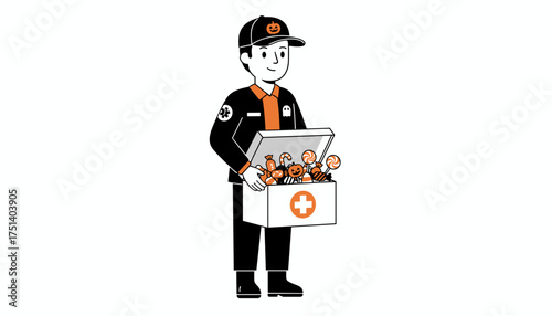 Character in Halloween uniform holds a first aid box overflowing with festive treats