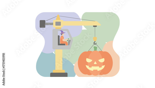 A crane operated by a witch lifts a Halloween pumpkin symbolizing holiday construction and fun