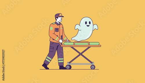 EMT transports a friendly ghost on a stretcher Humorous healthcare and paranormal concept