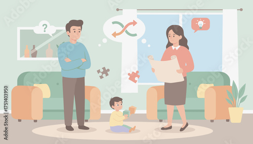 Parents ponder a complex decision finding solutions while child plays Family planning concept