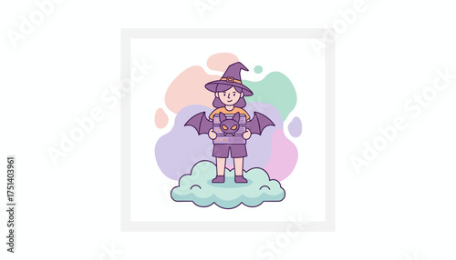 Witch in a hat holding a batthemed server rack on a cloud Concept of secure cloud data