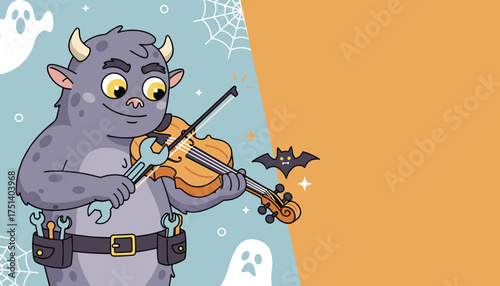 Cute cartoon monster plays violin with a wrench on a Halloween background Fun creative concept