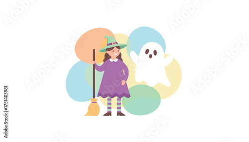Cheerful witch and friendly ghost celebrating Halloween Perfect for childrens events holiday themes