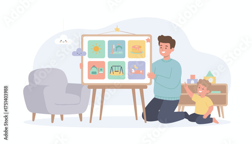 Happy father and son learning daily routine with a visual board Family education concept