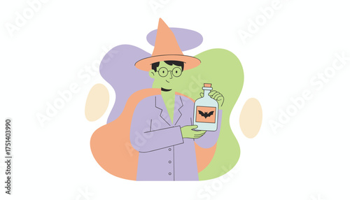 Enigmatic character in a pointed hat holds a bottle with a bat symbol evoking magic or science
