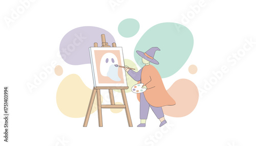 Artist in wizard hat painting a friendly ghost on canvas celebrating Halloween creativity