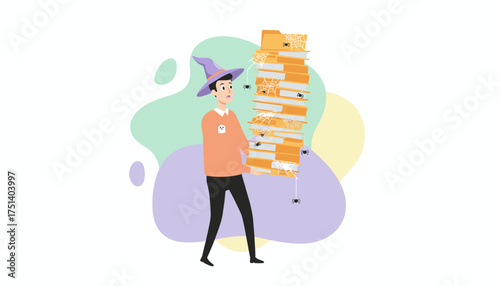 Stressed man in a witch hat struggles with a towering stack of cobwebcovered files symbolizing overdue work