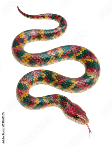 Wallpaper Mural A vibrant, colorful snake with striking red, yellow, and teal scales slithers gracefully, Isolated on Transparent and White Background Torontodigital.ca