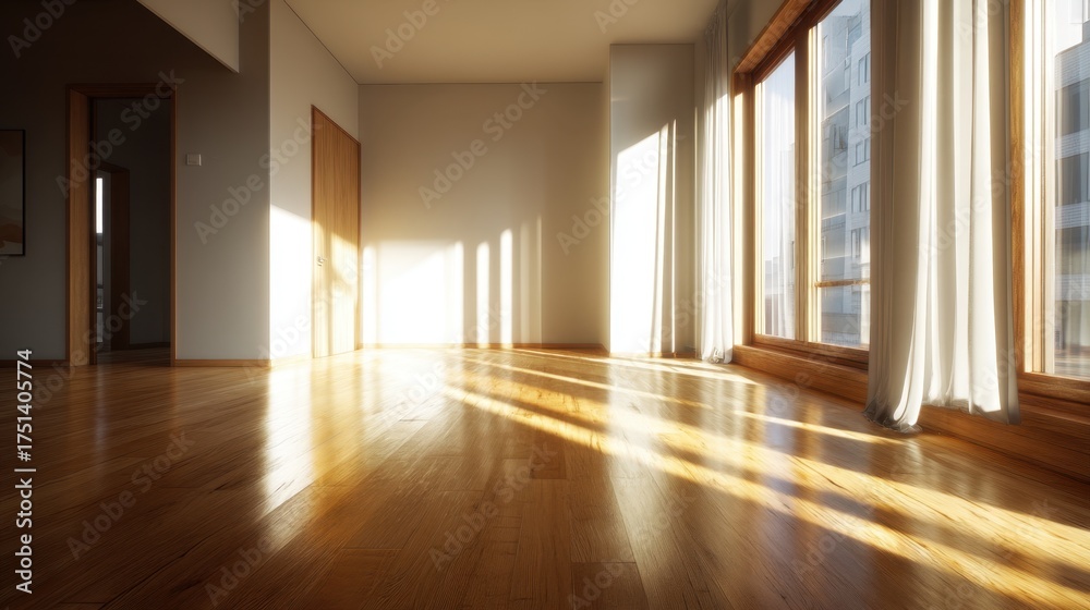Obraz premium Bright and Spacious Empty Room with Sunlight Streaming Through Large Windows and Wooden Floors, Showcasing Minimalist Interior Design Elements