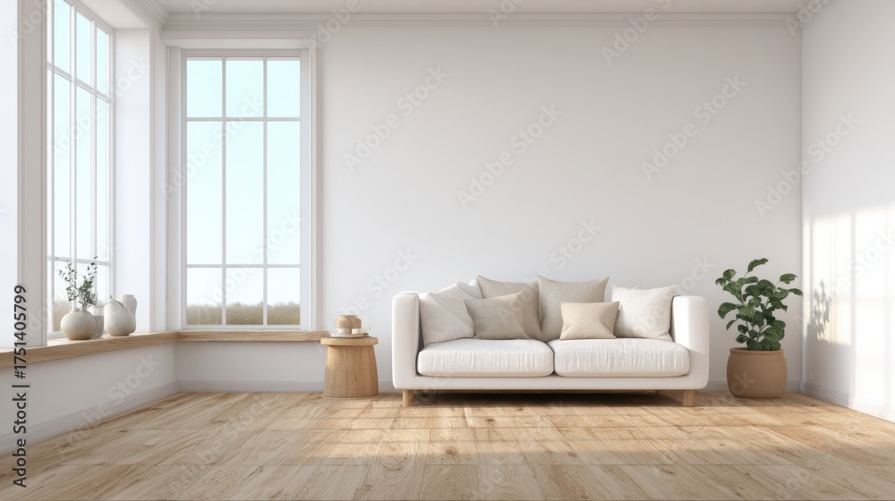Fototapeta premium Modern minimalist living room with bright natural light, white sofa, wooden floor, green plants, and large windows creating a serene atmosphere