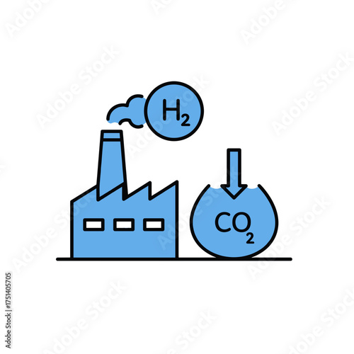 Blue Hydrogen Production Line Icon, Carbon Capture Symbol