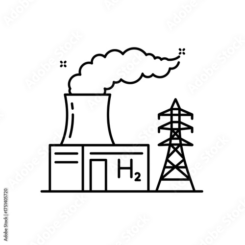 Hydrogen Power Plant Line Icon, Green Electricity Generation Symbol