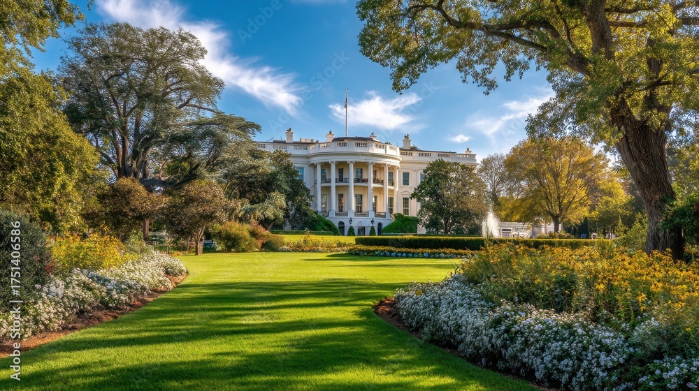 Obraz premium Serenity in the Gardens of an Iconic Historic Building during Vibrant Autumn Seasons with Colorful Flowers and Lush Green Grass Under a Bright Blue Sky