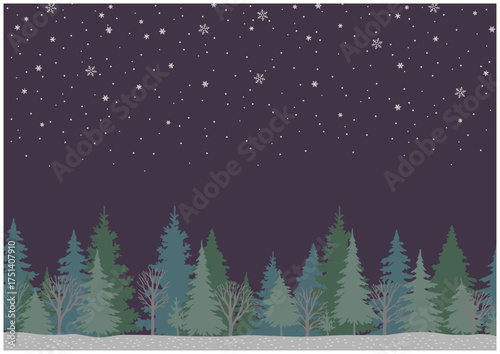 星空と雪の降る冬の森の背景（夜・シルエット）