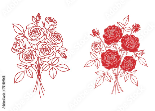 Red roses bouquet hand drawn illustration with delicate leaves, floral design for wedding invitation and romantic decor