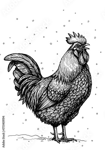 Rooster crowing in snow during winter morning, hand drawn farm animal illustration for rural and seasonal themes