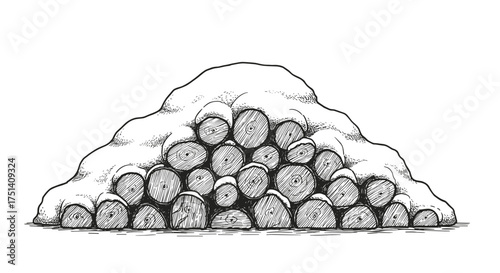 Woodpile with snowcap in winter forest, hand drawn rustic illustration for countryside and seasonal design