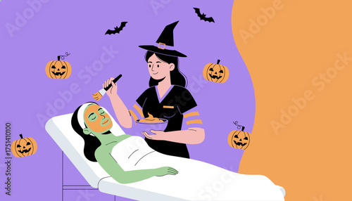 Halloween spa treatment witch esthetician applies pumpkin facial mask for client relaxation