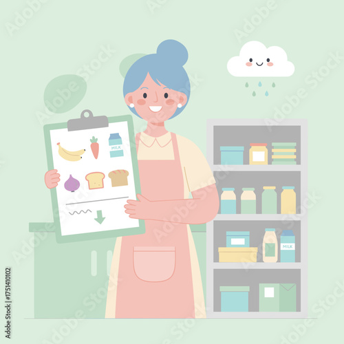 Smiling woman with grocery list by pantry Concept for food planning shopping or healthy home lifestyle