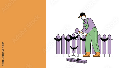 Man hammering bats onto a picket fence for Halloween decoration DIY spooky home improvement