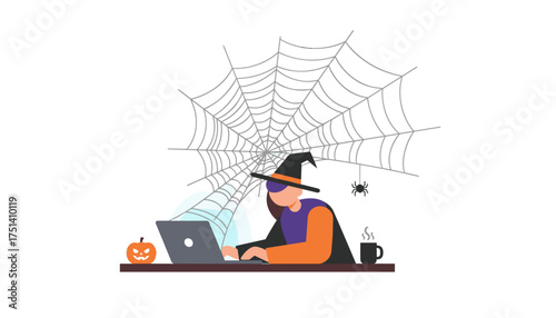 Halloween witch focused on laptop surrounded by festive decor and spider web Remote work concept