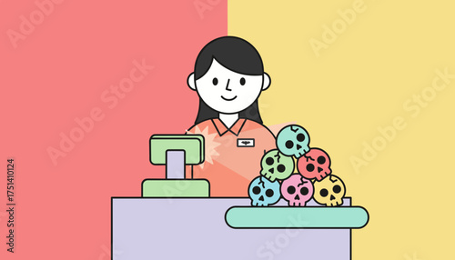 Smiling cashier at a retail counter with a pile of colorful decorative skulls