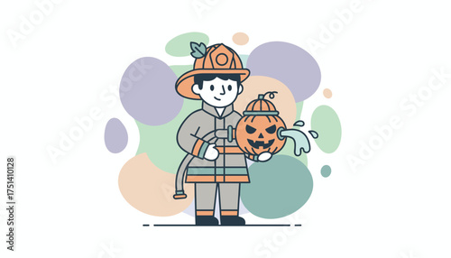 Cartoon firefighter hoses a playful Halloween pumpkin symbolizing safety and festive fun