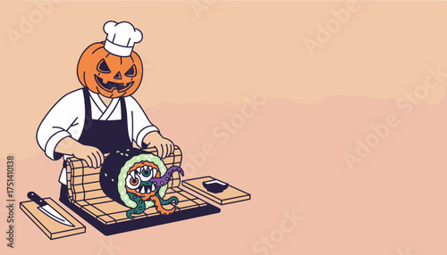 Pumpkin chef making spooky Halloween sushi with a monster inside Fun holiday food illustration