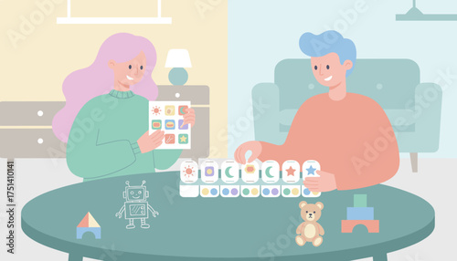 Happy couple engaging in an educational sorting game promoting learning and organization at home