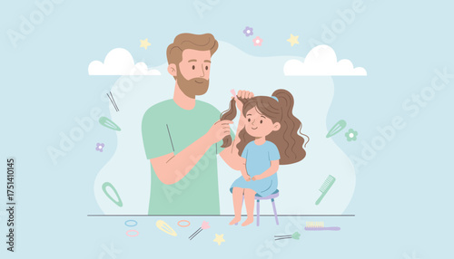 Happy father styling his daughters hair Family care bonding and everyday lifestyle moment