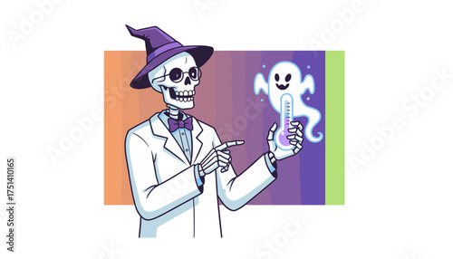 Skeleton wizard scientist examines a ghost holding a thermometer a spooky science concept