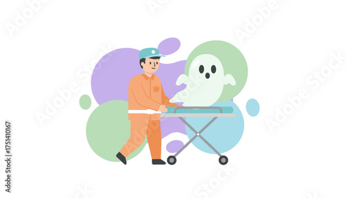 Paramedic assists a friendly ghost on a gurney Spooky healthcare concept for Halloween
