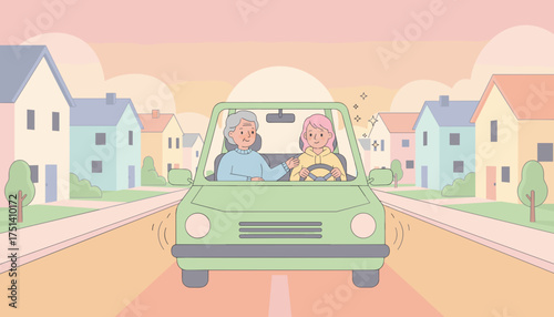 Elderly man coaches happy young woman driving through a cheerful residential area