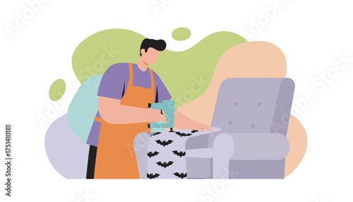 Craftsman reupholstering a chair with fun bat pattern fabric for a unique home decor