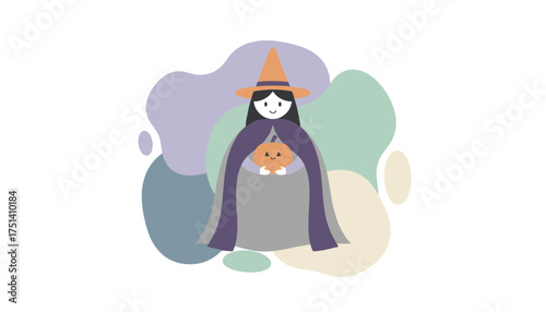 A cute witch character in a hat and cape holds a friendly pumpkin against a pastel background Perfect for Halloween