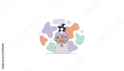 Woman in witch hat holding pumpkin bouquet celebrating autumn and Halloween holidays
