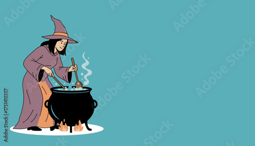 Smiling witch stirring bubbling cauldron over fire Perfect for Halloween magic and fantasy