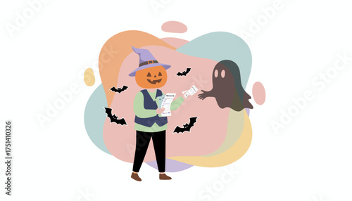 Pumpkinheaded character and ghost exchanging business documents on Halloween Festive finance