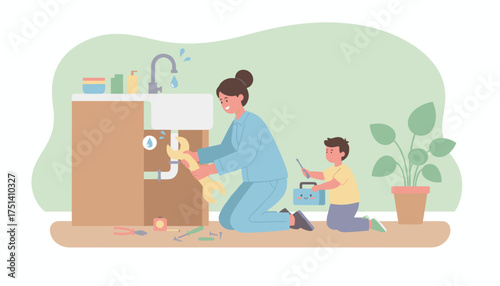 Mother and son fixing a leaky sink with tools depicting teamwork and home maintenance
