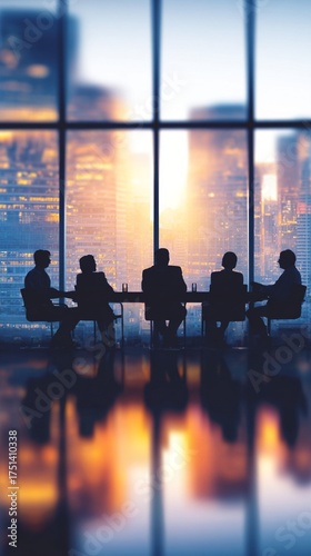 Business professionals in a meeting silhouetted against a stunning urban sunset, highlighting collaboration and strategic discussions in a modern, dynamic environment.