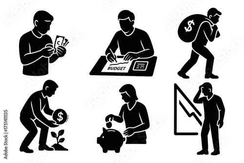 Personal finance and budgeting silhouette set ,cash, monthly budget, debt stress, saving, investment