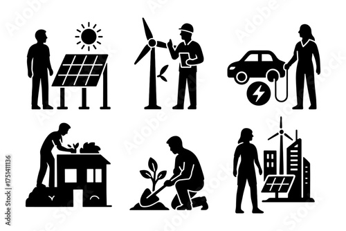 Renewable energy and green living silhouette icons ,solar, wind turbine, EV charge, rooftop install, eco city