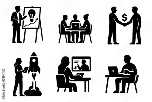 Business teamwork and startup workflow silhouette set ,pitch, meeting, deal, remote call
