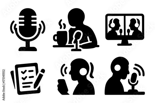 Podcast production and recording silhouette icons ,studio mic, host at desk, online interview, checklist, monitoring