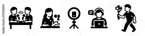 Content creator and vlogger tools silhouette set, tabletop rig, camera, ring light, streamer