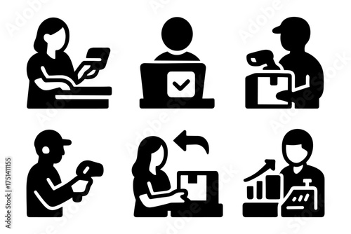 Retail checkout, scanning and returns silhouette icons ,POS, barcode, inventory, analytics