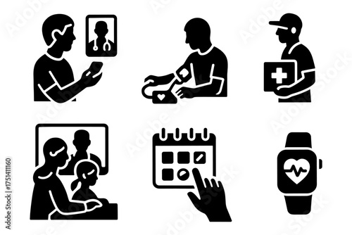 Telemedicine and health monitoring silhouette icons ,video consult, vitals check, calendar, smartwatch
